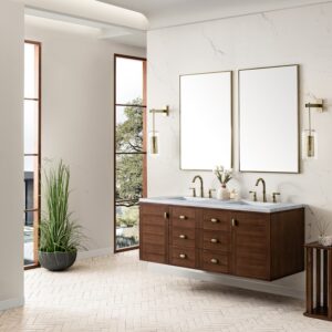 James Martin 670-V60D-WLT-3AF Amberly 60 Inch Mid-Century Walnut Double Sink Vanity with 3 cm Arctic Fall Top