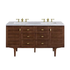 James Martin 670-V60D-WLT-3CAR Amberly 60 Inch Mid-Century Walnut Double Sink Vanity with 3 cm Carrara Marble Top