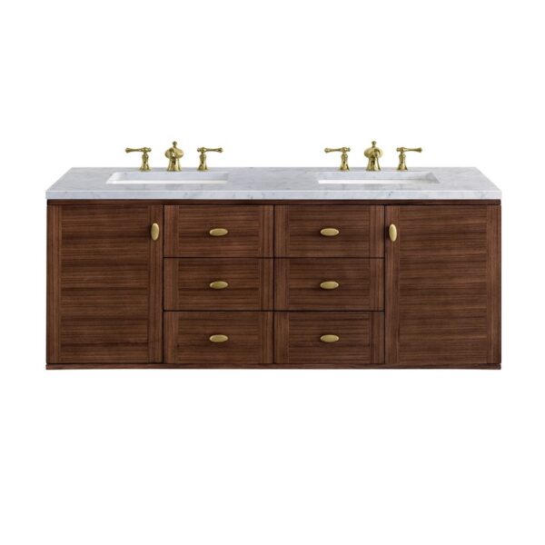 James Martin 670-V60D-WLT-3CAR Amberly 60 Inch Mid-Century Walnut Double Sink Vanity with 3 cm Carrara Marble Top