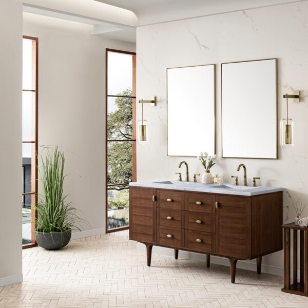 James Martin 670-V60D-WLT-3CAR Amberly 60 Inch Mid-Century Walnut Double Sink Vanity with 3 cm Carrara Marble Top