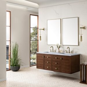 James Martin 670-V60D-WLT-3CAR Amberly 60 Inch Mid-Century Walnut Double Sink Vanity with 3 cm Carrara Marble Top