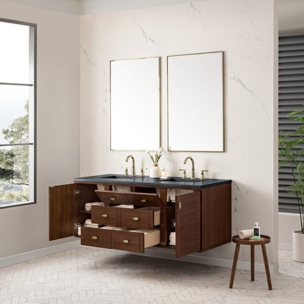 James Martin 670-V60D-WLT-3CSP Amberly 60 Inch Mid-Century Walnut Double Sink Vanity with 3 cm Charcoal Soapstone Top