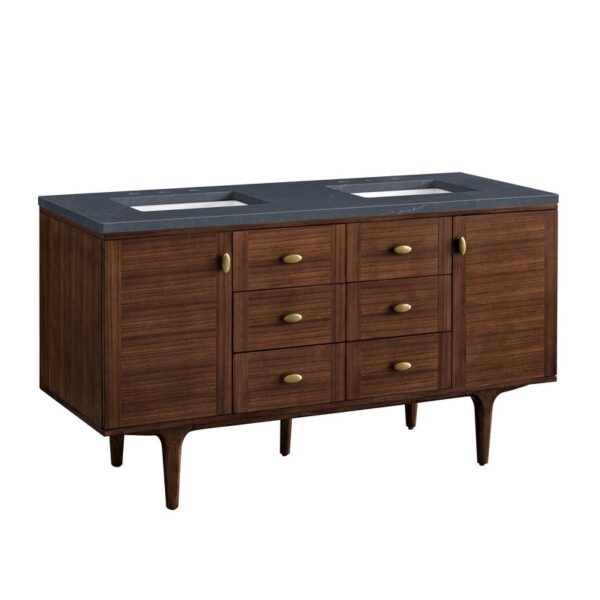 James Martin 670-V60D-WLT-3CSP Amberly 60 Inch Mid-Century Walnut Double Sink Vanity with 3 cm Charcoal Soapstone Top