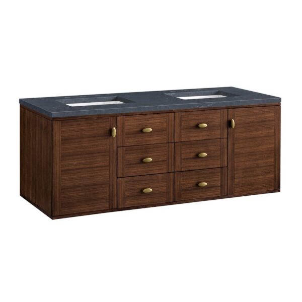 James Martin 670-V60D-WLT-3CSP Amberly 60 Inch Mid-Century Walnut Double Sink Vanity with 3 cm Charcoal Soapstone Top