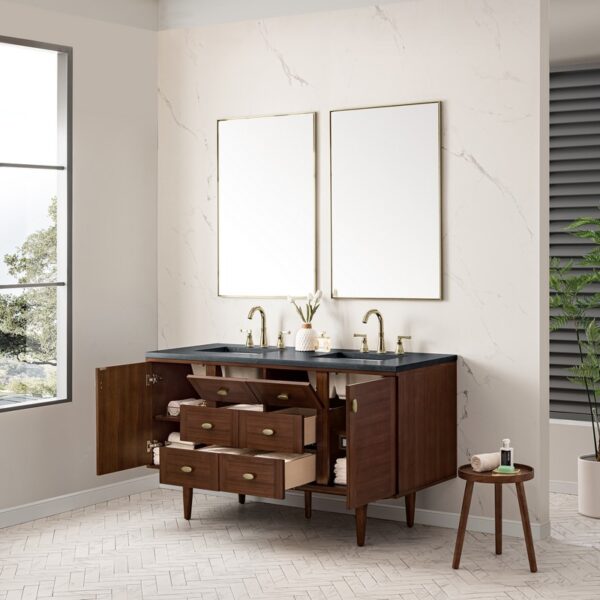 James Martin 670-V60D-WLT-3CSP Amberly 60 Inch Mid-Century Walnut Double Sink Vanity with 3 cm Charcoal Soapstone Top