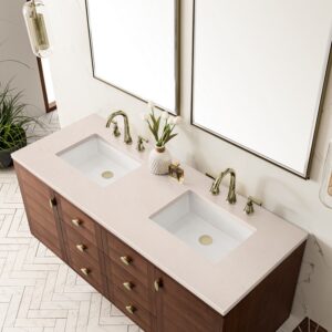 James Martin 670-V60D-WLT-3EMR Amberly 60 Inch Mid-Century Walnut Double Sink Vanity with 3 cm Eternal Marfil Top