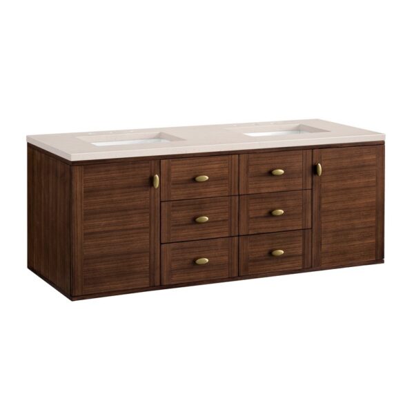 James Martin 670-V60D-WLT-3EMR Amberly 60 Inch Mid-Century Walnut Double Sink Vanity with 3 cm Eternal Marfil Top