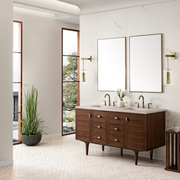 James Martin 670-V60D-WLT-3EMR Amberly 60 Inch Mid-Century Walnut Double Sink Vanity with 3 cm Eternal Marfil Top