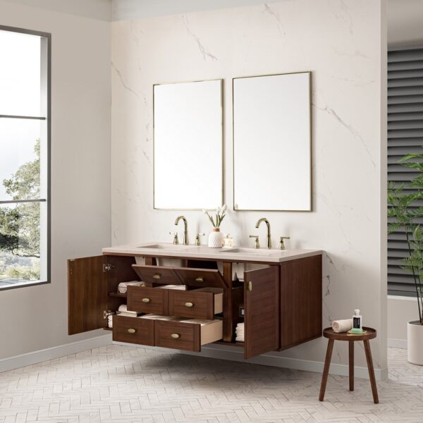 James Martin 670-V60D-WLT-3EMR Amberly 60 Inch Mid-Century Walnut Double Sink Vanity with 3 cm Eternal Marfil Top