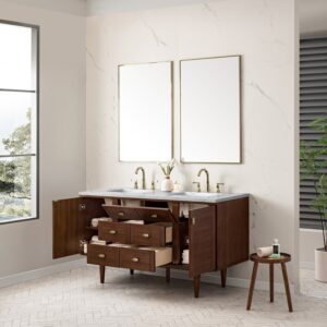 James Martin 670-V60D-WLT-3ENC Amberly 60 Inch Mid-Century Walnut Double Sink Vanity with 3 cm Ethereal Noctis Top