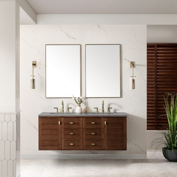 James Martin 670-V60D-WLT-3ESR Amberly 60 Inch Mid-Century Walnut Double Sink Vanity with 3 cm Eternal Serena Top