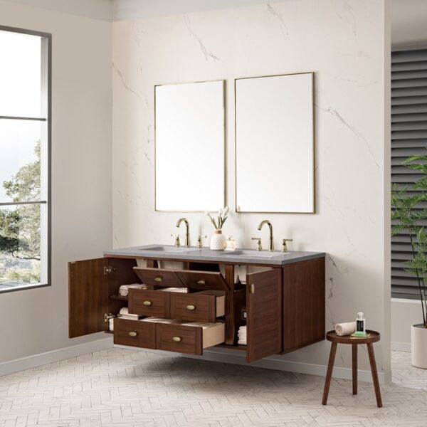 James Martin 670-V60D-WLT-3ESR Amberly 60 Inch Mid-Century Walnut Double Sink Vanity with 3 cm Eternal Serena Top