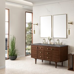 James Martin 670-V60D-WLT-3GEX Amberly 60 Inch Mid-Century Walnut Double Sink Vanity with 3 cm Grey Expo Top