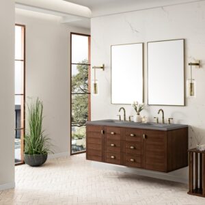 James Martin 670-V60D-WLT-3GEX Amberly 60 Inch Mid-Century Walnut Double Sink Vanity with 3 cm Grey Expo Top