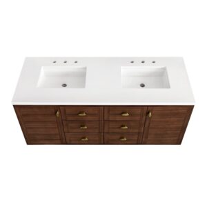 James Martin 670-V60D-WLT-3WZ Amberly 60 Inch Double Vanity in Mid-Century Walnut with 3cm White Zeus Top