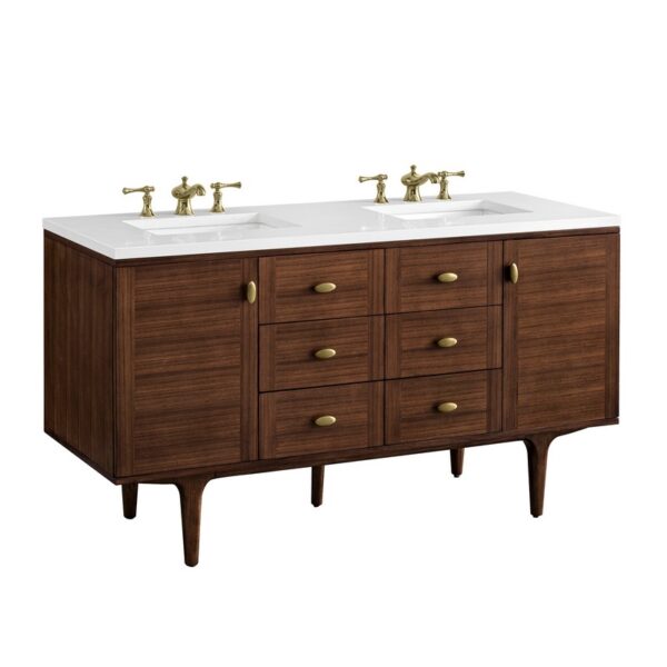 James Martin 670-V60D-WLT-3WZ Amberly 60 Inch Double Vanity in Mid-Century Walnut with 3cm White Zeus Top