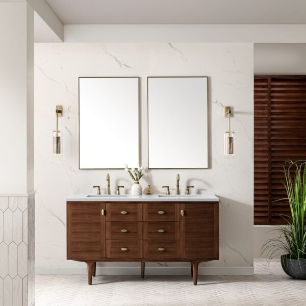 James Martin 670-V60D-WLT-3WZ Amberly 60 Inch Double Vanity in Mid-Century Walnut with 3cm White Zeus Top