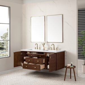 James Martin 670-V60D-WLT-3WZ Amberly 60 Inch Double Vanity in Mid-Century Walnut with 3cm White Zeus Top