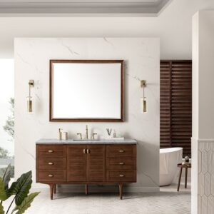 James Martin 670-V60S-WLT-3EJP Amberly 60 Inch Mid-Century Walnut Single Sink Vanity with 3 cm Eternal Jasmine Pearl Top