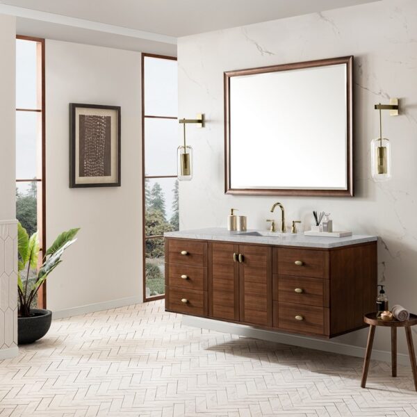 James Martin 670-V60S-WLT-3EJP Amberly 60 Inch Mid-Century Walnut Single Sink Vanity with 3 cm Eternal Jasmine Pearl Top