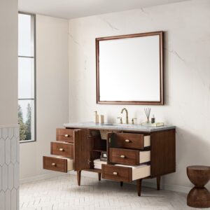 James Martin 670-V60S-WLT-3EJP Amberly 60 Inch Mid-Century Walnut Single Sink Vanity with 3 cm Eternal Jasmine Pearl Top