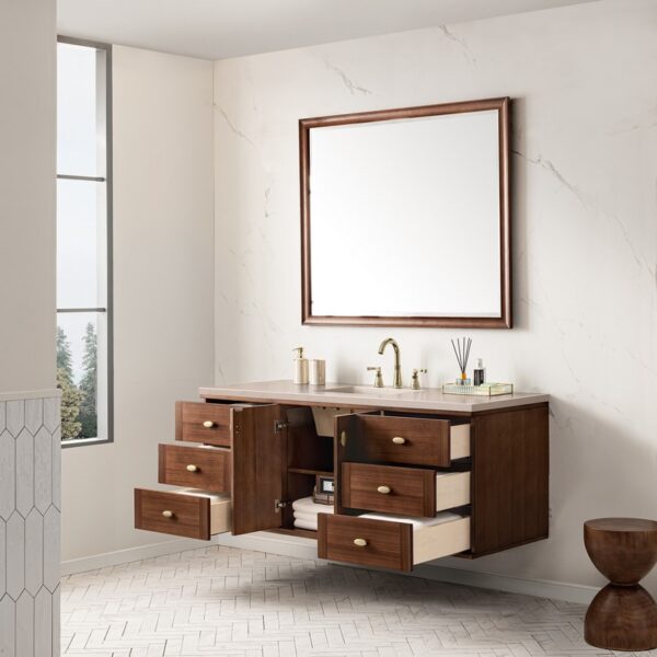 James Martin 670-V60S-WLT-3EMR Amberly 60 Inch Mid-Century Walnut Single Sink Vanity with 3 cm Eternal Marfil Top