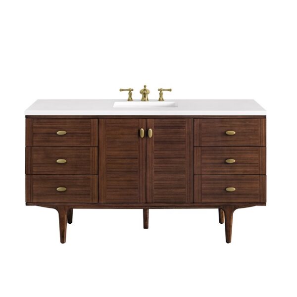 James Martin 670-V60S-WLT-3WZ Amberly 60 Inch Single Vanity in Mid-Century Walnut with 3cm White Zeus Top