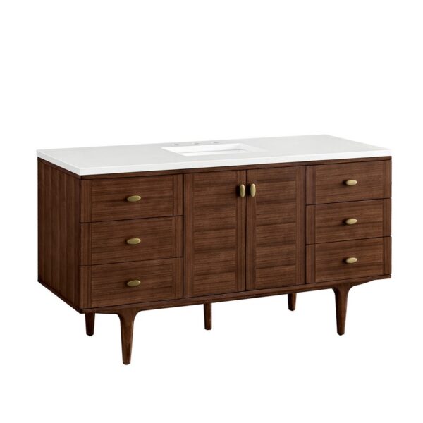 James Martin 670-V60S-WLT-3WZ Amberly 60 Inch Single Vanity in Mid-Century Walnut with 3cm White Zeus Top