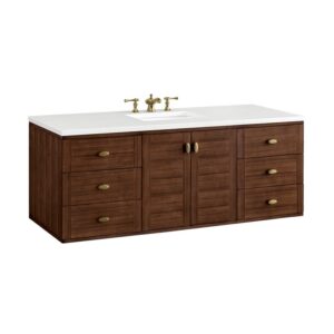 James Martin 670-V60S-WLT-3WZ Amberly 60 Inch Single Vanity in Mid-Century Walnut with 3cm White Zeus Top