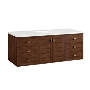 James Martin 670-V60S-WLT-3WZ Amberly 60 Inch Single Vanity in Mid-Century Walnut with 3cm White Zeus Top