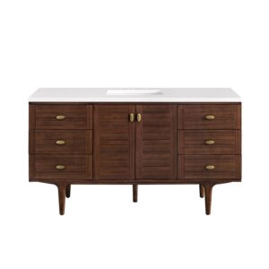 James Martin 670-V60S-WLT-3WZ Amberly 60 Inch Single Vanity in Mid-Century Walnut with 3cm White Zeus Top