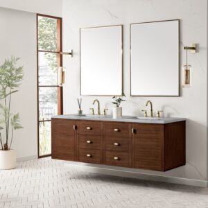 James Martin 670-V72-WLT-3AF Amberly 72 Inch Mid-Century Walnut Double Sink Vanity with 3 cm Arctic Fall Top