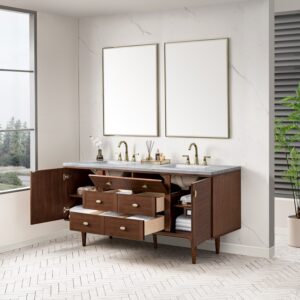 James Martin 670-V72-WLT-3AF Amberly 72 Inch Mid-Century Walnut Double Sink Vanity with 3 cm Arctic Fall Top