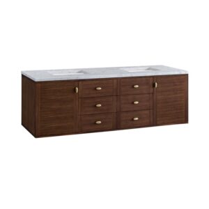 James Martin 670-V72-WLT-3CAR Amberly 72 Inch Mid-Century Walnut Double Sink Vanity with 3 cm Carrara Marble Top