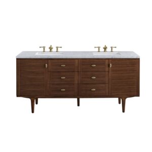 James Martin 670-V72-WLT-3CAR Amberly 72 Inch Mid-Century Walnut Double Sink Vanity with 3 cm Carrara Marble Top