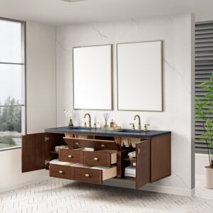 James Martin 670-V72-WLT-3CSP Amberly 72 Inch Mid-Century Walnut Double Sink Vanity with 3 cm Charcoal Soapstone Top