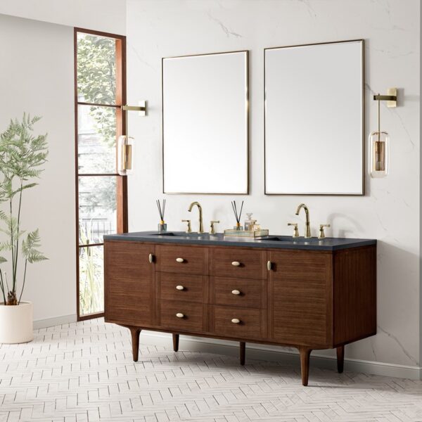 James Martin 670-V72-WLT-3CSP Amberly 72 Inch Mid-Century Walnut Double Sink Vanity with 3 cm Charcoal Soapstone Top