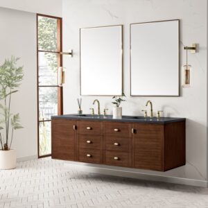 James Martin 670-V72-WLT-3CSP Amberly 72 Inch Mid-Century Walnut Double Sink Vanity with 3 cm Charcoal Soapstone Top