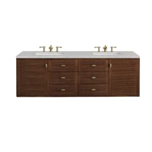 James Martin 670-V72-WLT-3EJP Amberly 72 Inch Mid-Century Walnut Double Sink Vanity with 3 cm Eternal Jasmine Pearl Top