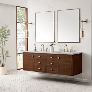 James Martin 670-V72-WLT-3EJP Amberly 72 Inch Mid-Century Walnut Double Sink Vanity with 3 cm Eternal Jasmine Pearl Top