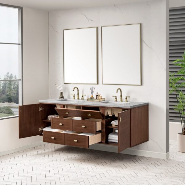 James Martin 670-V72-WLT-3EJP Amberly 72 Inch Mid-Century Walnut Double Sink Vanity with 3 cm Eternal Jasmine Pearl Top