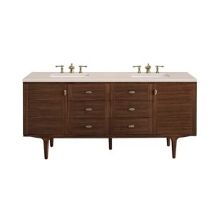 James Martin 670-V72-WLT-3EMR Amberly 72 Inch Mid-Century Walnut Double Sink Vanity with 3 cm Eternal Marfil Top