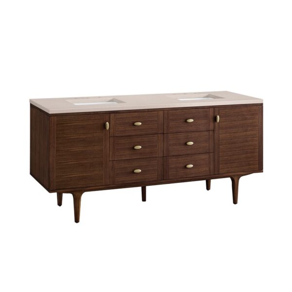 James Martin 670-V72-WLT-3EMR Amberly 72 Inch Mid-Century Walnut Double Sink Vanity with 3 cm Eternal Marfil Top