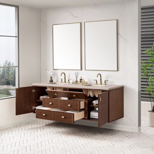 James Martin 670-V72-WLT-3EMR Amberly 72 Inch Mid-Century Walnut Double Sink Vanity with 3 cm Eternal Marfil Top