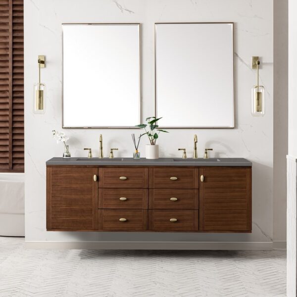 James Martin 670-V72-WLT-3GEX Amberly 72 Inch Mid-Century Walnut Double Sink Vanity with 3 cm Grey Expo Top