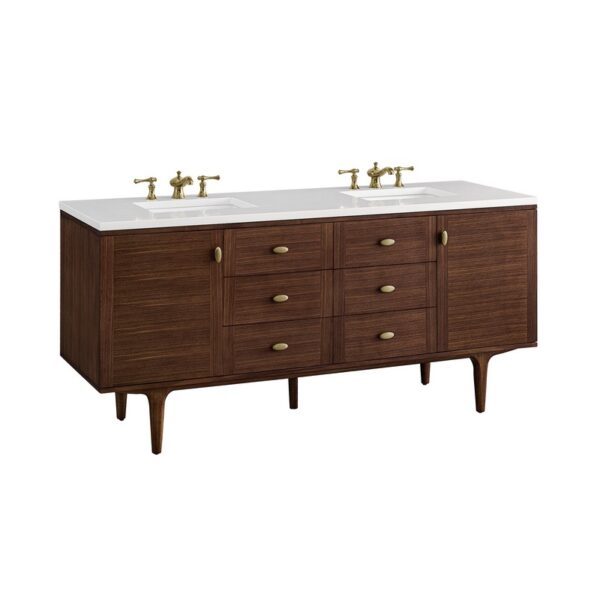 James Martin 670-V72-WLT-3WZ Amberly 72 Inch Double Vanity in Mid-Century Walnut with 3cm White Zeus Top