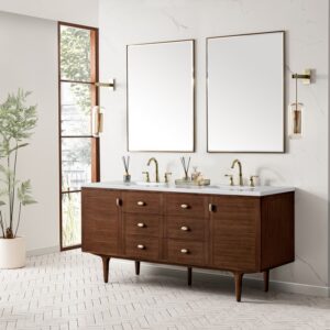 James Martin 670-V72-WLT-3WZ Amberly 72 Inch Double Vanity in Mid-Century Walnut with 3cm White Zeus Top