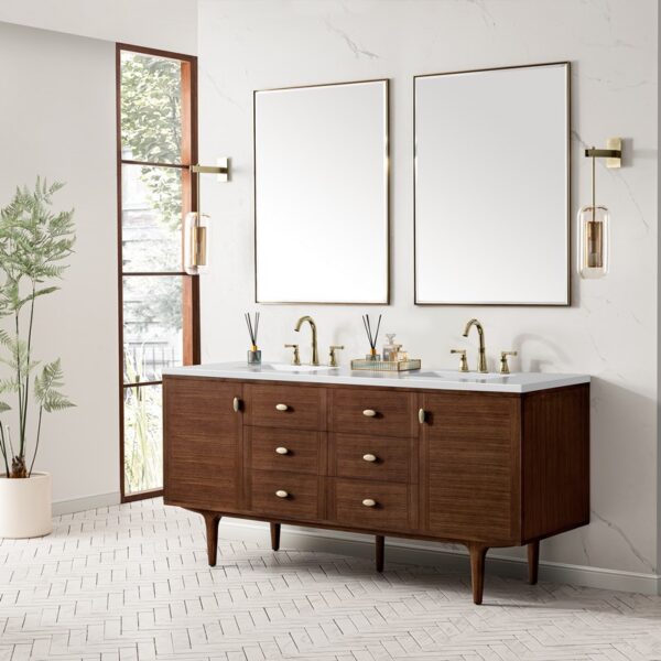 James Martin 670-V72-WLT-3WZ Amberly 72 Inch Double Vanity in Mid-Century Walnut with 3cm White Zeus Top