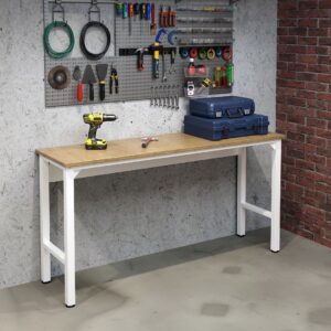 Manhattan Comfort Fortress 72.4" Natural Wood and Steel Garage Table in White