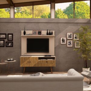 Manhattan Comfort Tribeca 53.94 Mid-Century Modern TV Stand and Panel with Media and Display Shelves in Off White and Nature